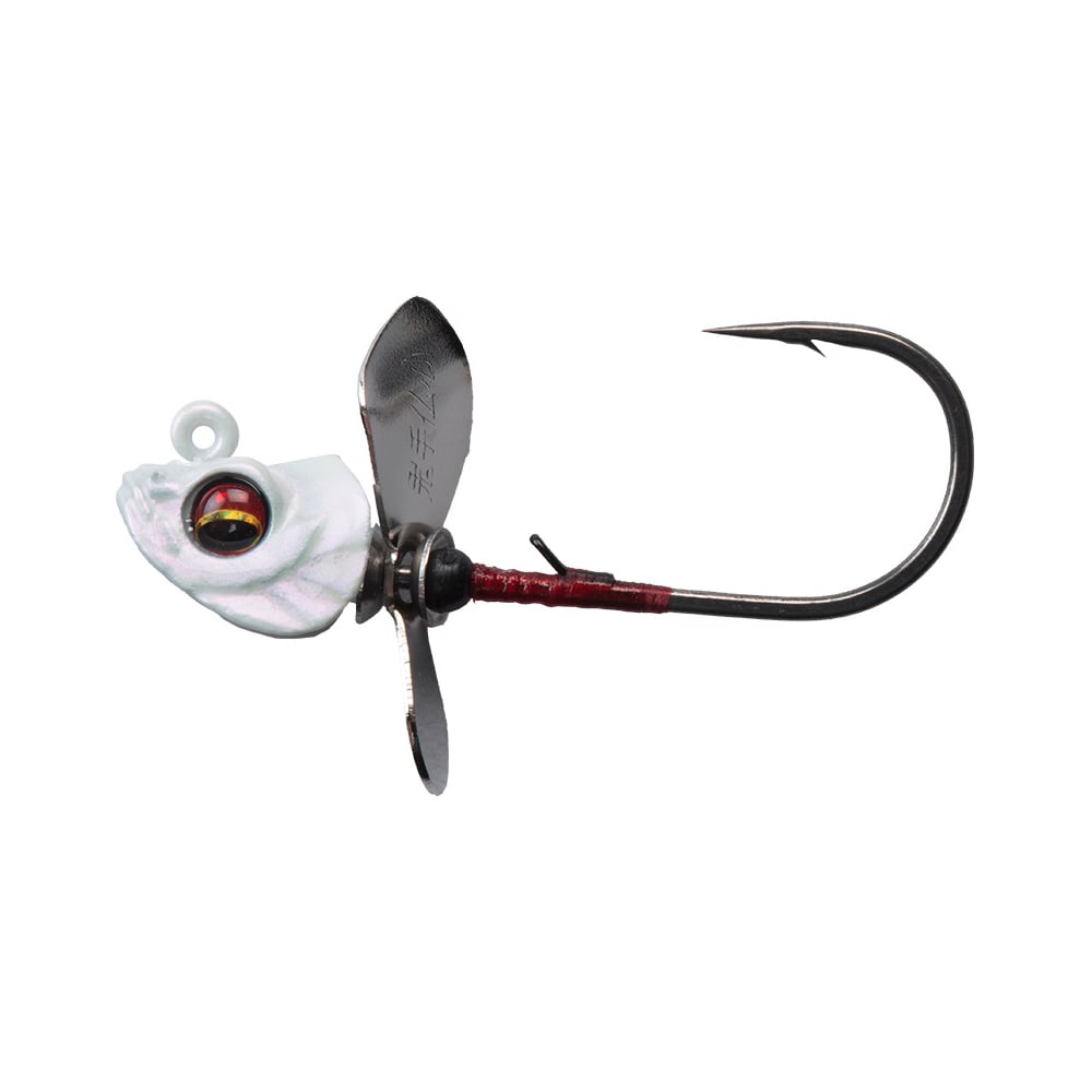 The Megabass Okashira Screwhead by Megabass is a fish head-shaped fishing lure with a large eye, metal propeller fins, white, silver, and red details, an asymmetrical prop, and a single barbed hook for superior penetration.