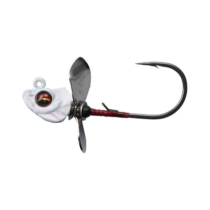 The Megabass Okashira Screwhead by Megabass is a fish head-shaped fishing lure with a large eye, metal propeller fins, white, silver, and red details, an asymmetrical prop, and a single barbed hook for superior penetration.