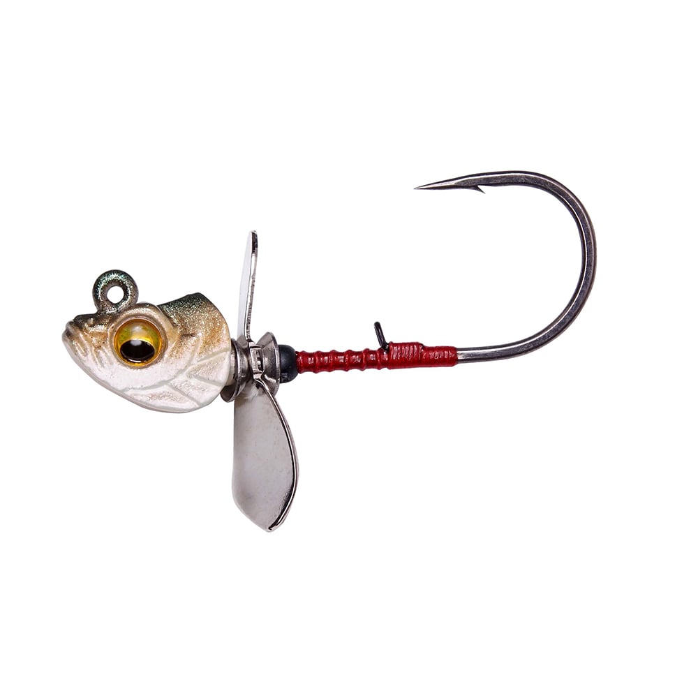 The Megabass Okashira Screwhead by Megabass features a fish-shaped head, large hook, asymmetrical prop spinning blade below, and red shank wrappings—engineered for superior penetration and to attract more fish.