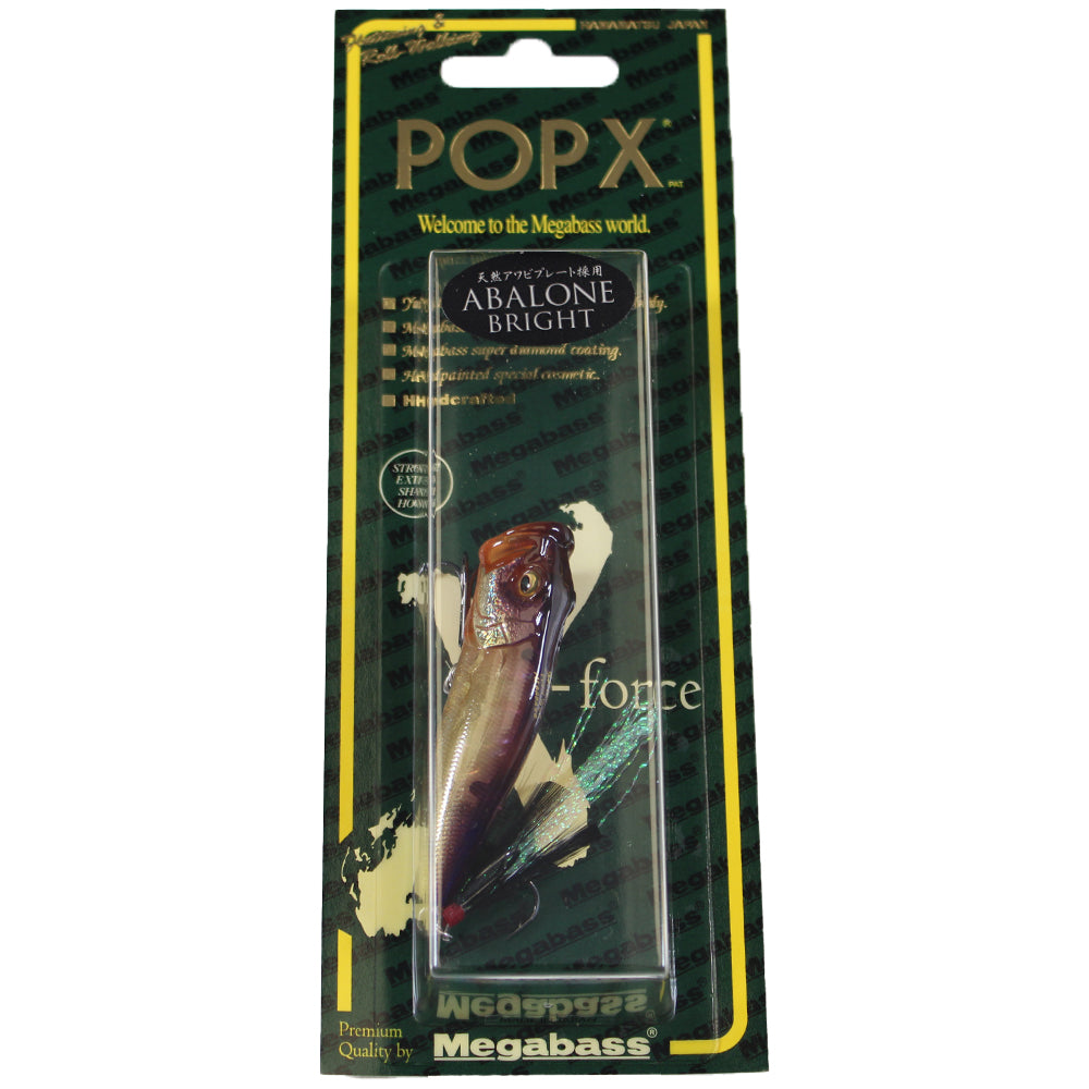 The Megabass Pop-X Abalone Bright AB LTD Muraore, packaged in a clear case with green and yellow branding, displays its signature Side-Stepping Balancer on the backing card.