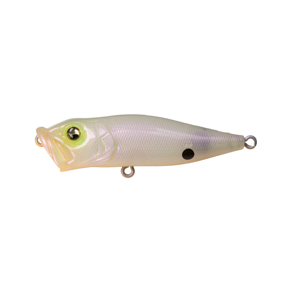 The Megabass Pop-X by Megabass is a fishing lure with a pearlescent body resembling a small fish. It has a yellow eye, black spot, and features the Side-Stepping Balancer for better movement. Designed with loops on each end for easy line attachment.