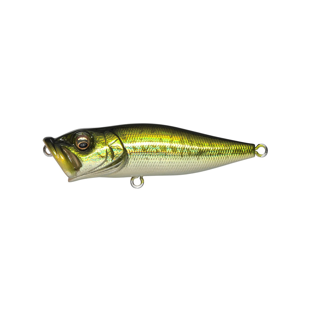 The Megabass Pop-X lure, from Megabass, features a realistic green and gold design with a fish-like body, detailed scales, gill system, Side-Stepping Balancer, large open mouth, metallic rings for easy attachment, and reflective finish to attract fish.