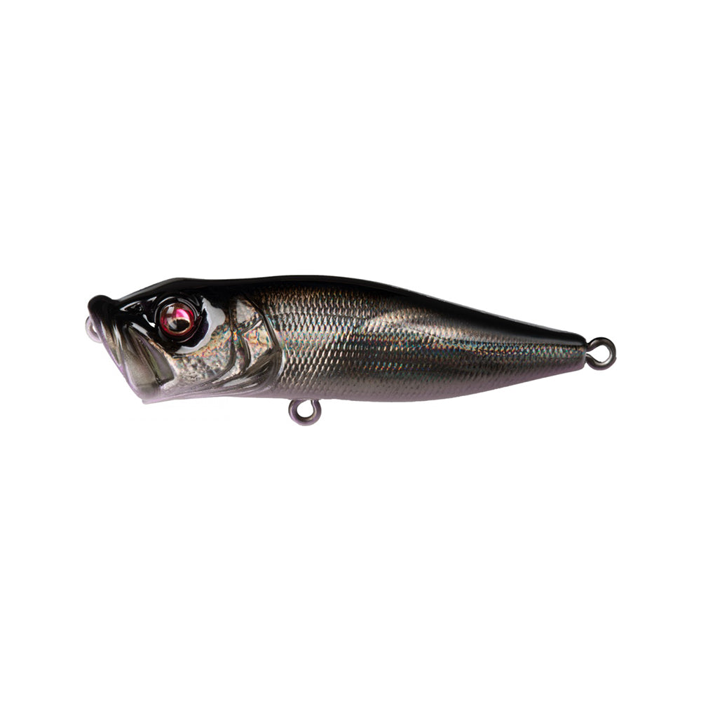The Megabass Pop-X fishing lure by Megabass features a fish-like design with a shiny, dark metallic body, textured scales, patented gill system, large red eye, and metal rings for attaching the fishing line.