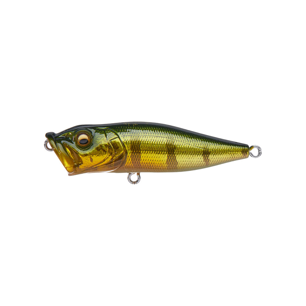 The Megabass Pop-X lure, designed in a realistic fish shape with a metallic green-yellow finish, features detailed eyes and a patented gill system. It includes metal rings for hook attachment, styled on a plain white background.