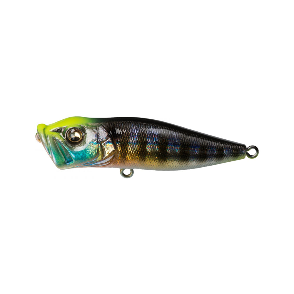 Discover the Megabass Pop-X, a vibrant lure simulating a small fish in green, blue, and black. Its shiny finish, patented gill system, and dual hooks offer an irresistible catch for anglers.