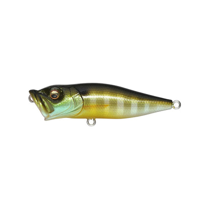 A fish-shaped Megabass Pop-X lure features a metallic green-to-yellow gradient, detailed eyes, hooks on both ends, and a patented gill system for irresistible attraction.