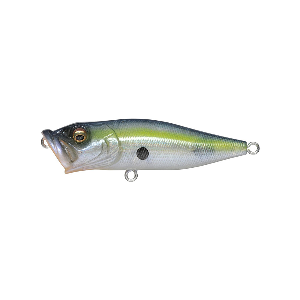 Meet the Megabass Pop-X, a lure mimicking a small fish with a silver-green gradient body, realistic shape, prominent eye, and multiple attachment rings. Its patented gill system enhances your angling experience.