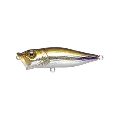 The Megabass Pop-X by Megabass is a realistic fishing lure with shiny silver and gold scales, a large eye, and a diving lip. It features metal rings for attaching lines and hooks and includes a patented gill system for enhanced detail and reflection.