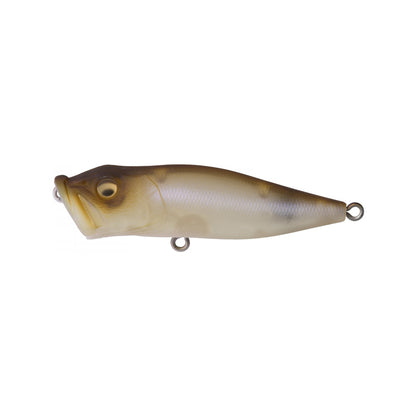 The Megabass Pop-X fishing lure, by Megabass, features a realistic fish shape with a Side-Stepping Balancer and a brown-to-beige gradient. It includes detailed eyes, fins, a patented gill system, and hooks at both ends, all set on a plain white background.