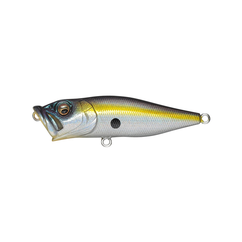 The Megabass Pop-X fishing lure features a fish-like shape, realistic metallic silver and gold design, a large eye, and concave mouth. Its Side-Stepping Balancer offers precision, while three metal rings connect to your line.