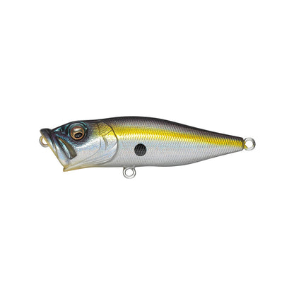 The Megabass Pop-X fishing lure features a fish-like shape, realistic metallic silver and gold design, a large eye, and concave mouth. Its Side-Stepping Balancer offers precision, while three metal rings connect to your line.