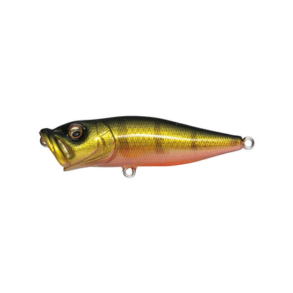 The Megabass Pop-X, a realistic metallic lure by Megabass, showcases a greenish-gold top and pinkish-red bottom. It features a large open mouth, patented gill system, lifelike fish-eye design, and two line attachment rings, making it irresistibly appealing to fish.
