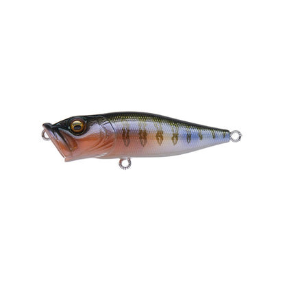 The Megabass Pop-X fishing lure showcases a realistic fish design with a silver and blue body, orange accents near the mouth, dark side stripes, and a patented gill system. It includes hook attachments at both ends for enhanced performance.