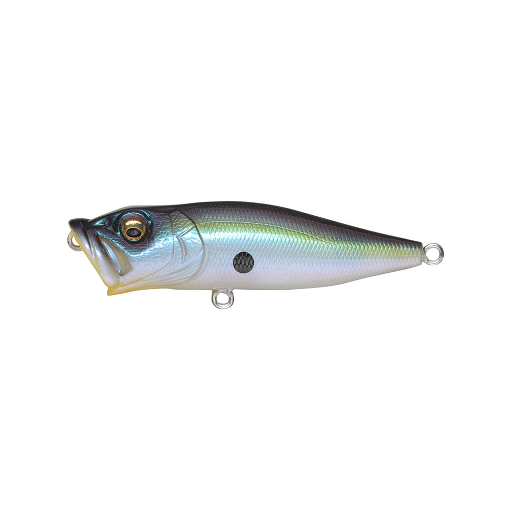 The Megabass Pop-X lure boasts a metallic blue and silver body with 3D eyes and gills. Its unique gill system and Side-Stepping Balancer are ideal for both freshwater and saltwater fishing.
