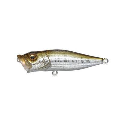 The Megabass Pop-X by Megabass is a realistic silver fish-shaped lure with detailed scales, small fins, a shiny surface, a large eye, an open front mouth, and metal loops at both ends for versatile use in the water.