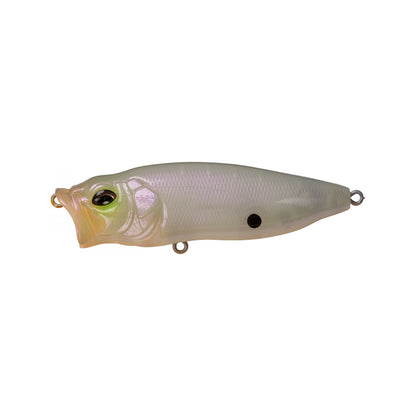 The Megabass PopMax by Megabass is a pearl-colored, realistic topwater lure shaped like a small fish with a wide mouth, black side spot, and metal loops at front, middle, and rear for hook and line attachment.
