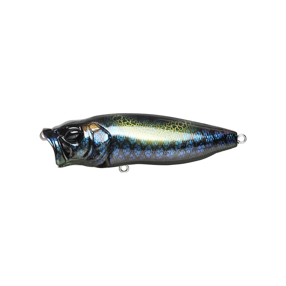 The Megabass PopMax by Megabass is a shiny, realistic topwater lure shaped like a small fish with dark blue, green, and yellow hues, textured scales, metal loops at both ends, and the PopMax gill system for enhanced performance.