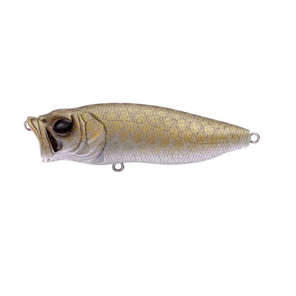The Megabass PopMax by Megabass is a realistic gold and silver topwater lure shaped like a fish, featuring textured scales, prominent eyes, a wide mouth, and metal rings for hook attachment at the mouth, belly, and tail.