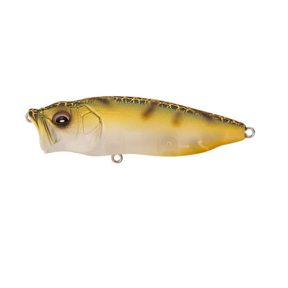 The Megabass PopMax by Megabass is a realistic topwater lure shaped like a small fish, with a greenish-gold back, yellow sides, white belly, large eye, and metal loops on head, belly, and tail. Inspired by the original PopMax design.