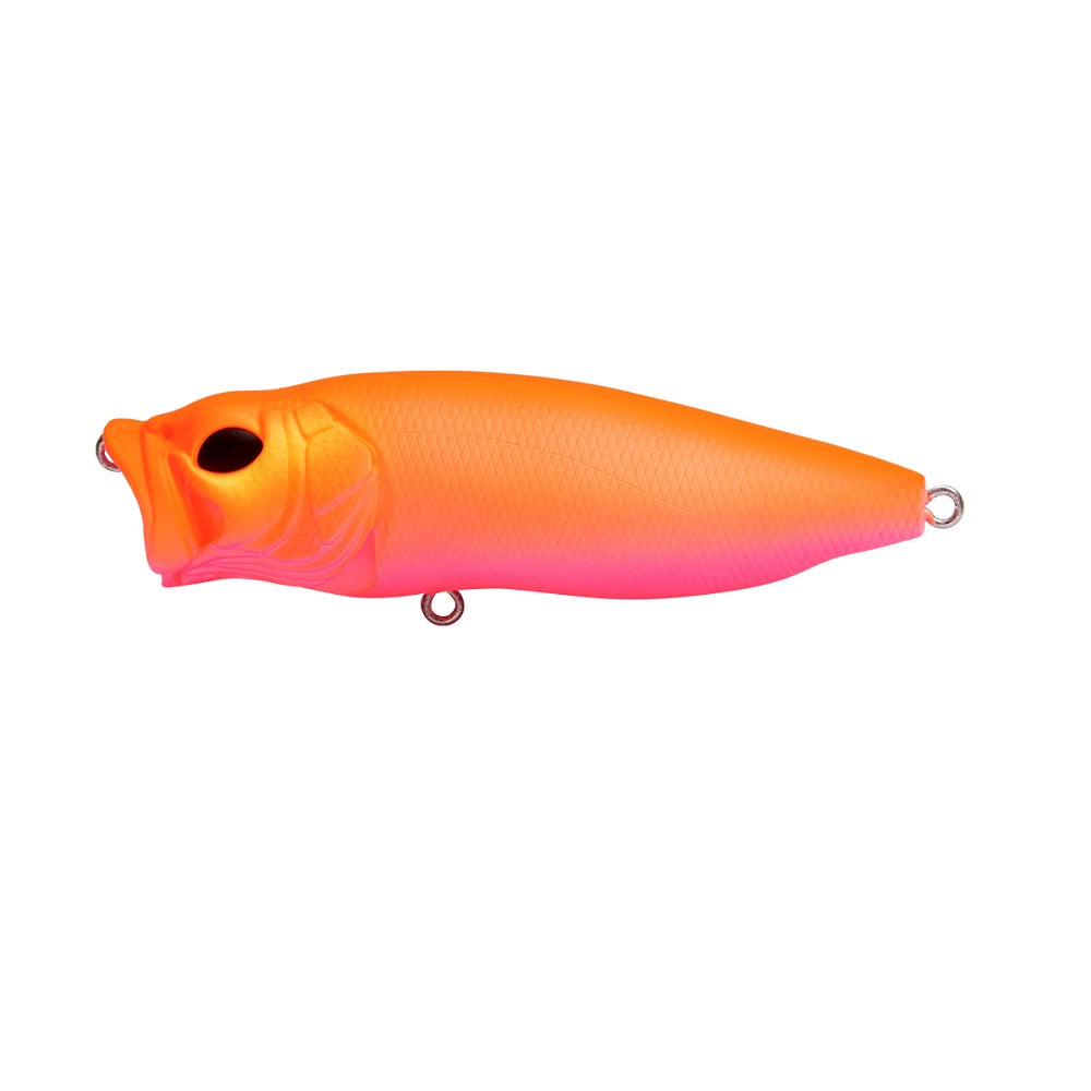 The Megabass PopMax by Megabass is a fish-shaped lure in bright orange and pink, with a realistic head, open mouth, and two metal eyelets for attaching hooks or fishing line.