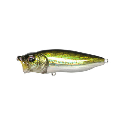 The Megabass PopMax by Megabass is a metallic green and silver topwater lure with a realistic fish design, large eyes, hollow mouth, and attachment rings on the mouth and tail for easy rigging.