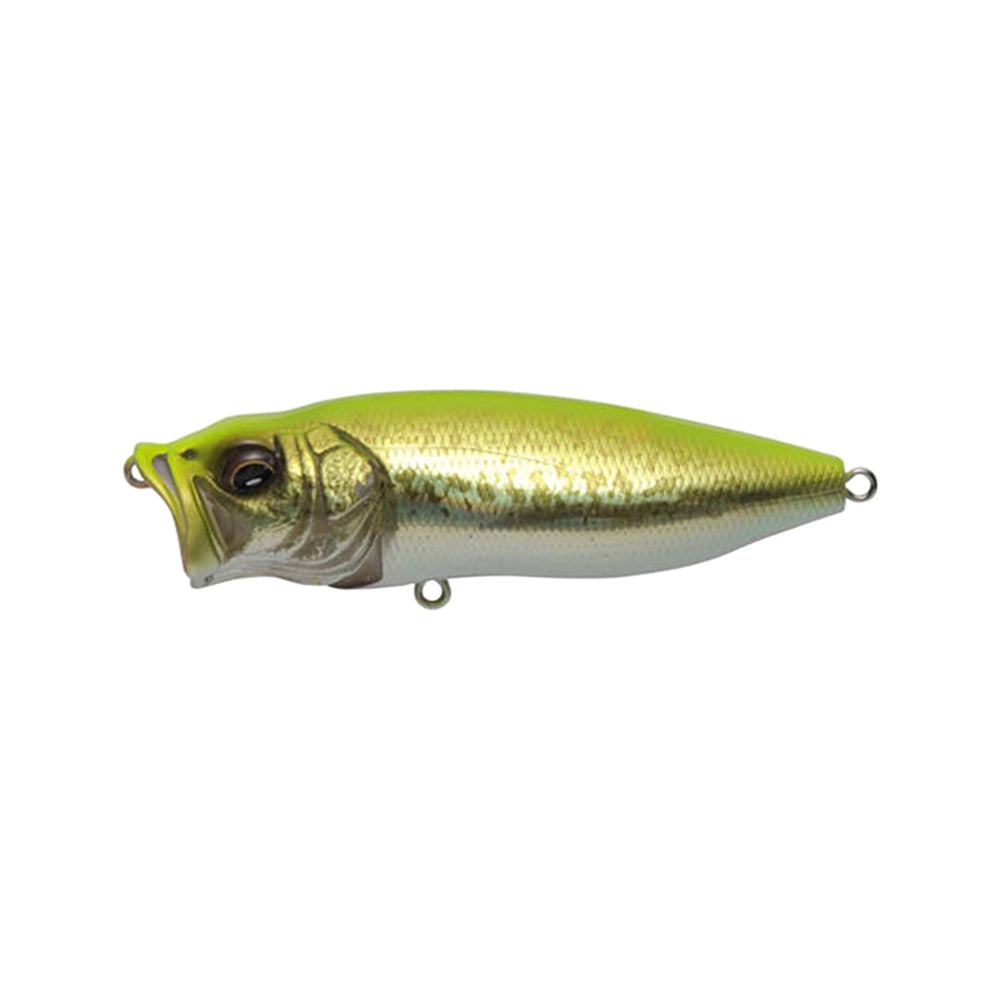 The Megabass PopMax by Megabass is a realistic topwater lure in metallic yellow and green, shaped like a small fish with detailed head, scales, gill system, and attachment loops at the front, bottom, and rear, isolated on white.