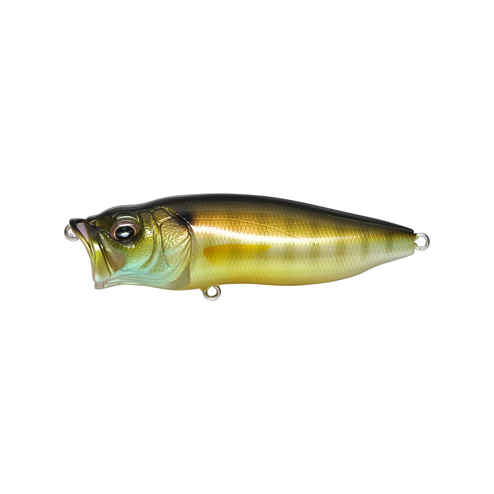 The Megabass PopMax by Megabass is a realistic yellow and green topwater lure with a large mouth, shiny scales, and advanced gill system, shown side view against a white background.