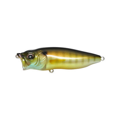 The Megabass PopMax by Megabass is a realistic yellow and green topwater lure with a large mouth, shiny scales, and advanced gill system, shown side view against a white background.