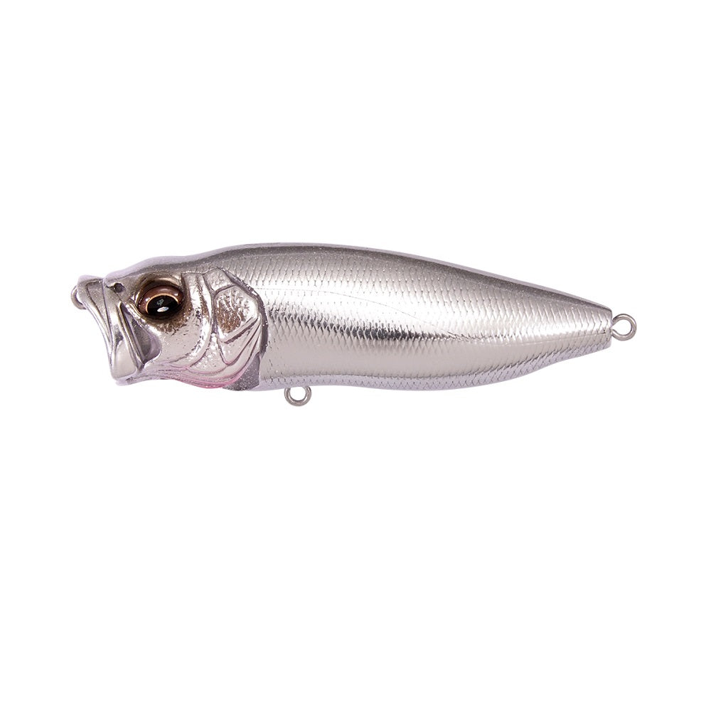 The Megabass PopMax by Megabass is a silver, fish-shaped topwater lure with a detailed head, large eye, textured body, and loops at both ends—perfect for anglers looking for an effective fishing lure.