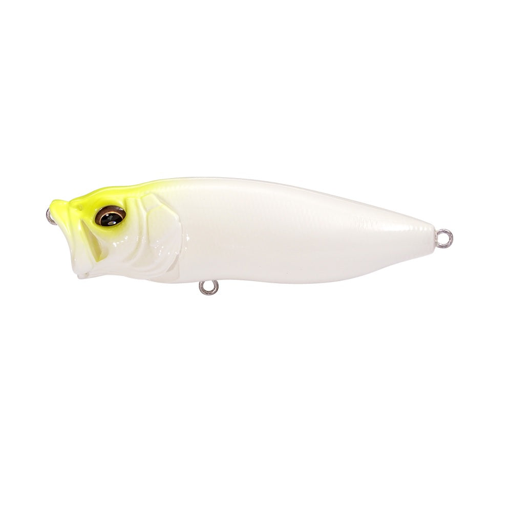 The Megabass PopMax, a white fish-shaped topwater lure by Megabass with a yellow-tinted head, black eye, and metal hook rings, is displayed against a plain white background.