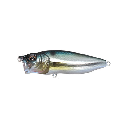 The Megabass PopMax by Megabass is a realistic, metallic lure shaped like a small fish, with a big mouth, detailed scales, advanced gill system, gradient silver-blue-yellow-pink finish, and two metal loops for hooks.