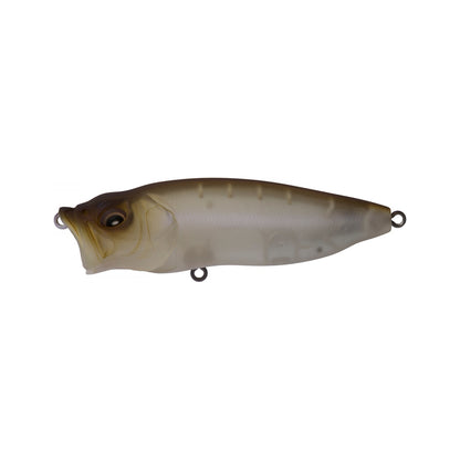 The Megabass PopMax by Megabass is a realistic, fish-shaped topwater lure in light brown and beige, featuring a large eye, gaping mouth, advanced gill system, and three metal rings, shown against a plain white background.