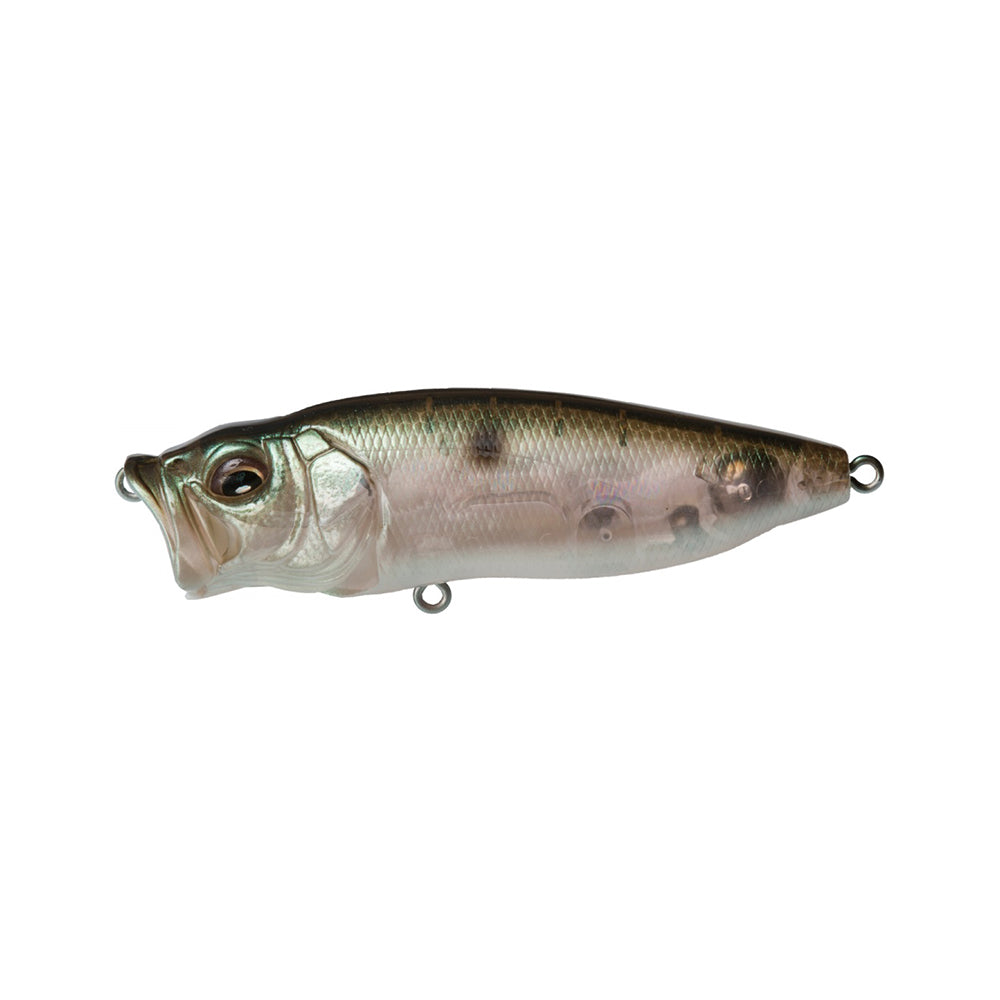 The Megabass PopMax by Megabass is a realistic, fish-shaped topwater lure with a shiny metallic finish, detailed scales, three attachment rings (head, belly, tail), and an innovative gill system—shown on a white background.