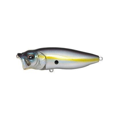 The Megabass PopMax by Megabass is a realistic topwater lure with a silver body, yellow stripe, large eyes, and a hollow mouth. It has attachment rings at the mouth and tail for secure rigging.