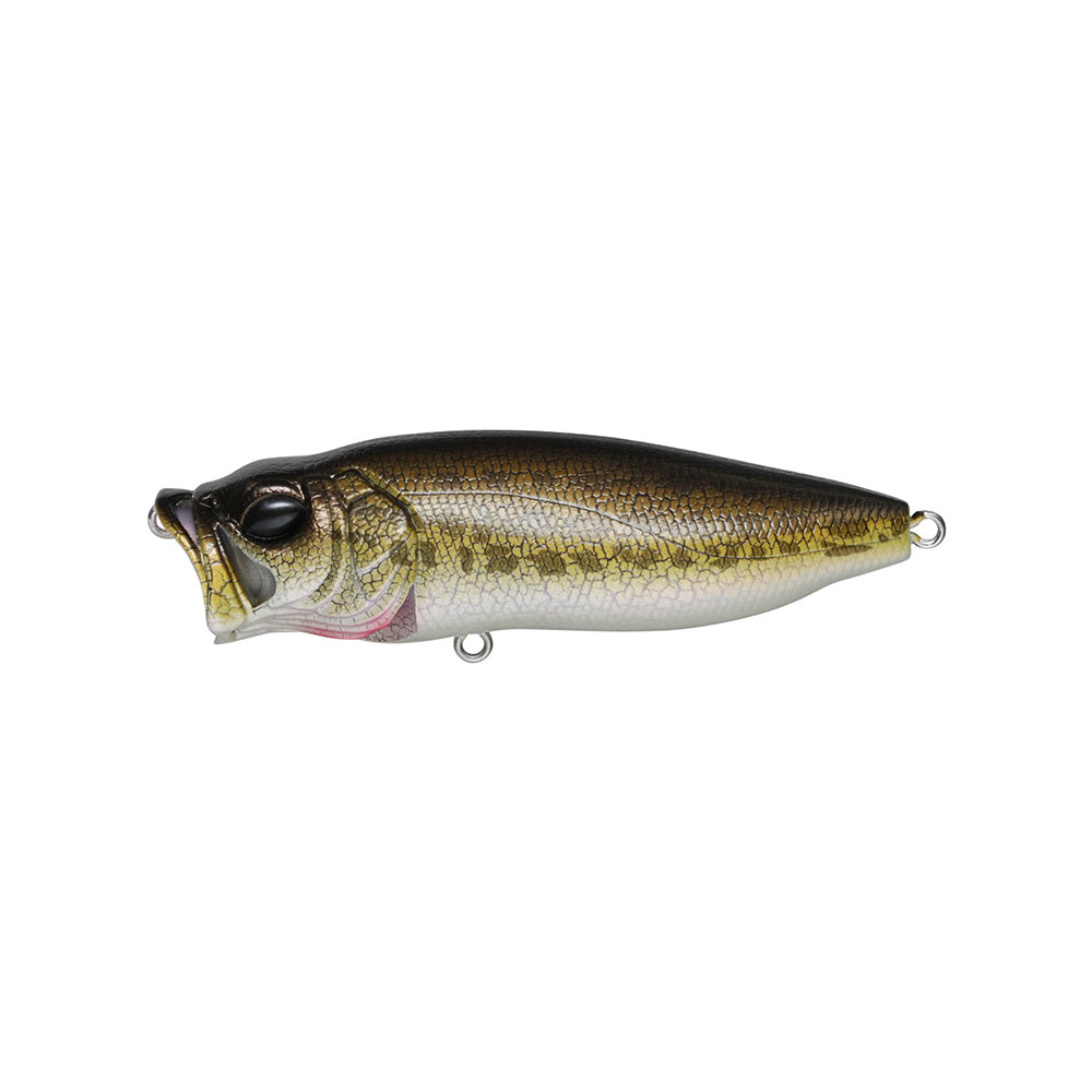 The Megabass PopMax by Megabass is a realistic, fish-shaped topwater lure with a metallic gold and brown body, scale details, a prominent mouth with gill system design, and metal loops for fishing line and hooks.
