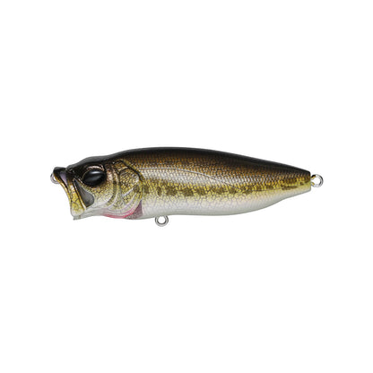 The Megabass PopMax by Megabass is a realistic, fish-shaped topwater lure with a metallic gold and brown body, scale details, a prominent mouth with gill system design, and metal loops for fishing line and hooks.