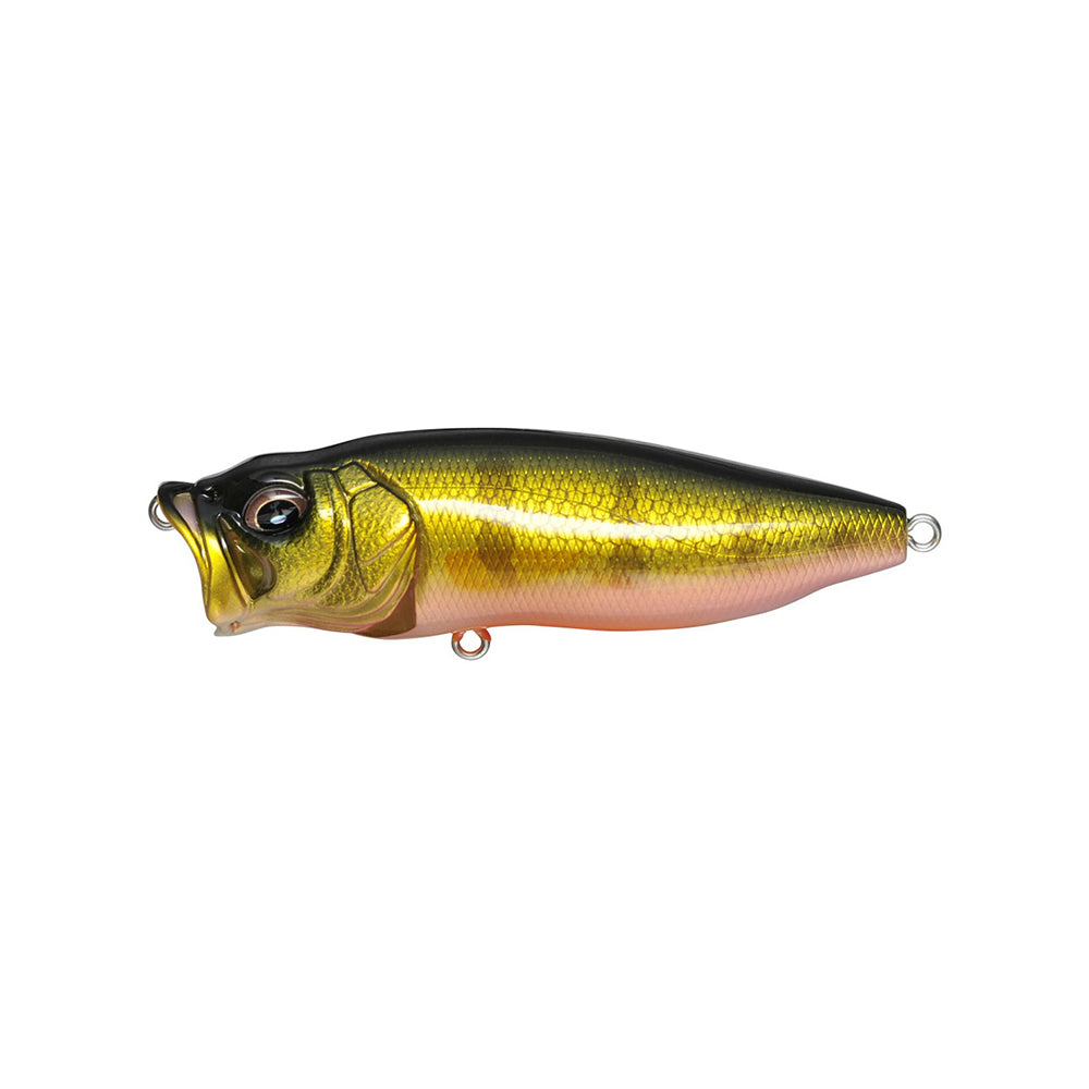 The Megabass PopMax by Megabass is a realistic, fish-shaped topwater lure with a shiny yellow-green back, metallic scales, pinkish underside, lifelike eye, gill system, and metal loops for easy hook or line attachment.