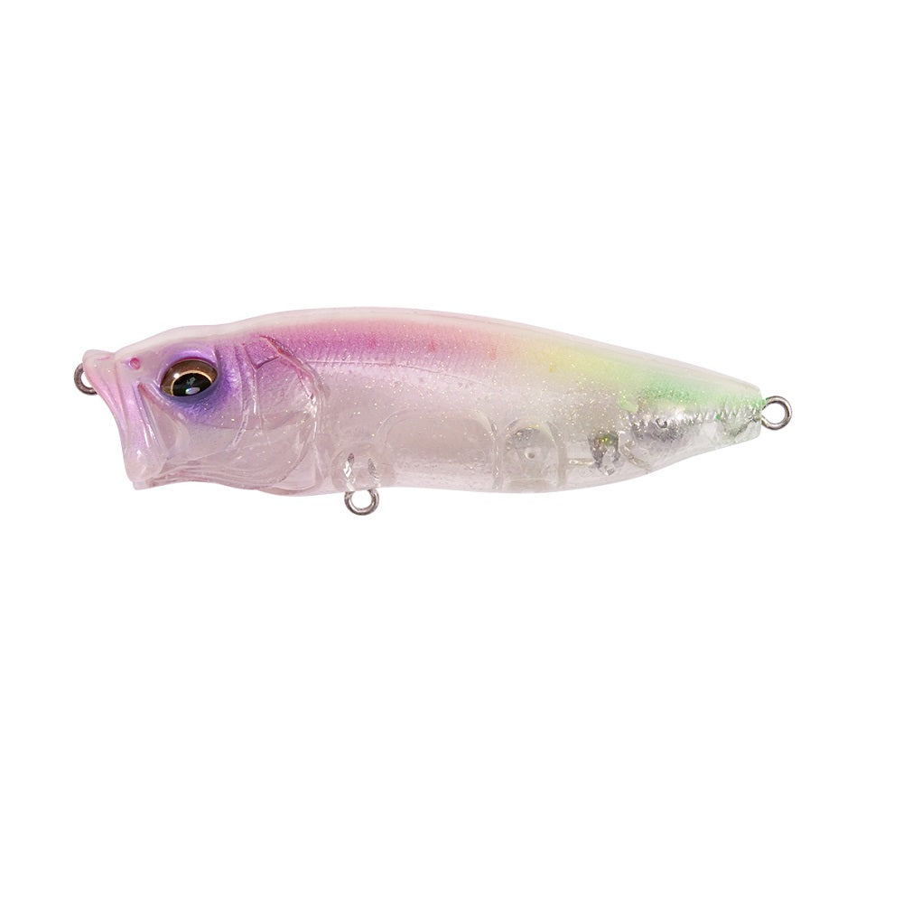 The Megabass PopMax by Megabass is a translucent fishing lure shaped like a small fish, featuring a gradient of purple, pink, and green, with a large realistic eye and metal loops for attaching hooks.