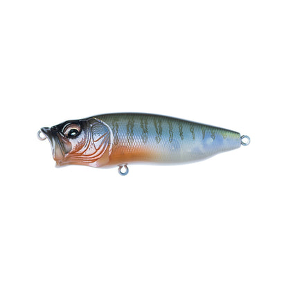 The Megabass PopMax lure by Megabass is designed like a small fish, with a greenish back, silver sides with stripes, orange belly, metallic hooks, and an advanced gill system for topwater fishing.