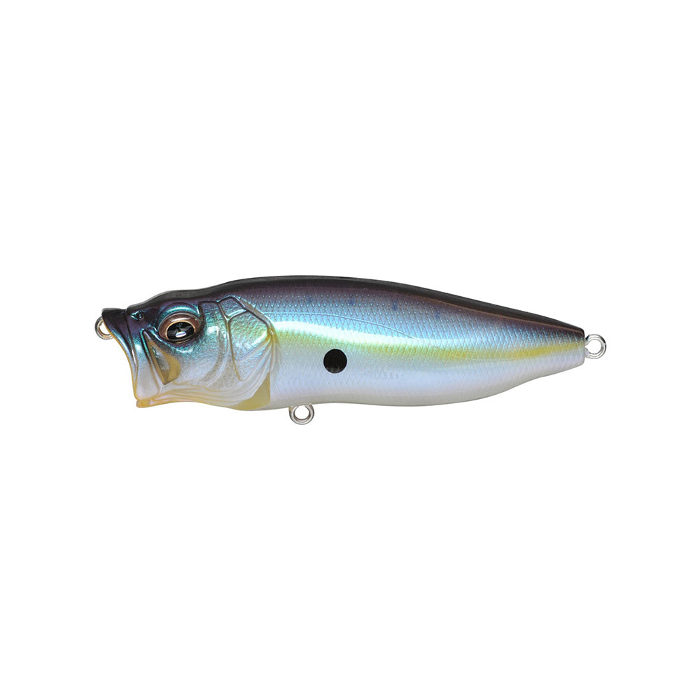 The Megabass PopMax by Megabass is a realistic, fish-shaped topwater lure with a metallic blue and silver body, rounded head, gaping mouth, black side dot, and metal loops at both ends.