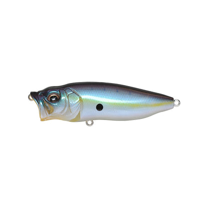 The Megabass PopMax by Megabass is a realistic, fish-shaped topwater lure with a metallic blue and silver body, rounded head, gaping mouth, black side dot, and metal loops at both ends.