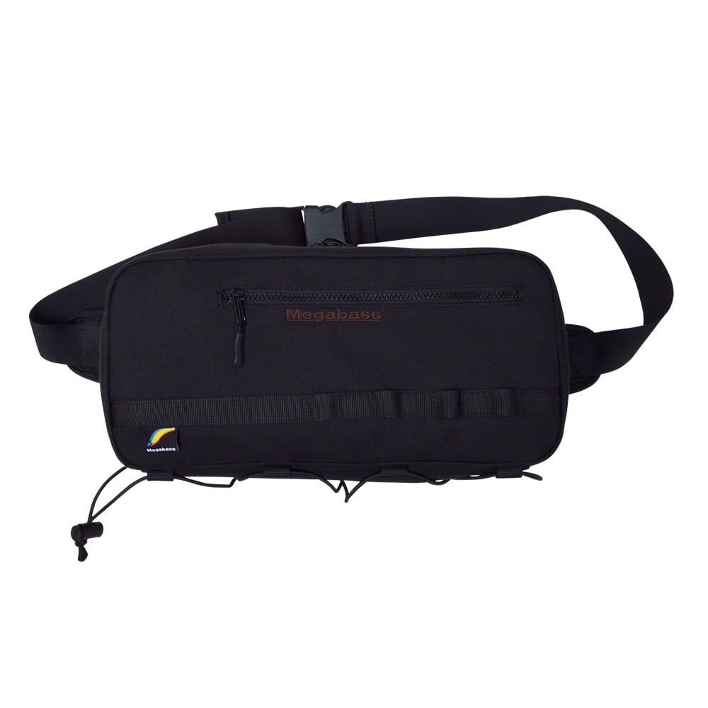 The Megabass Rapid Bag Black (0426234978) by Megabass features a front zipper pocket, brown "Megabass" text, colorful logo patch, adjustable strap, and multiple loops—ideal as a spacious tackle bag for shore fishing.
