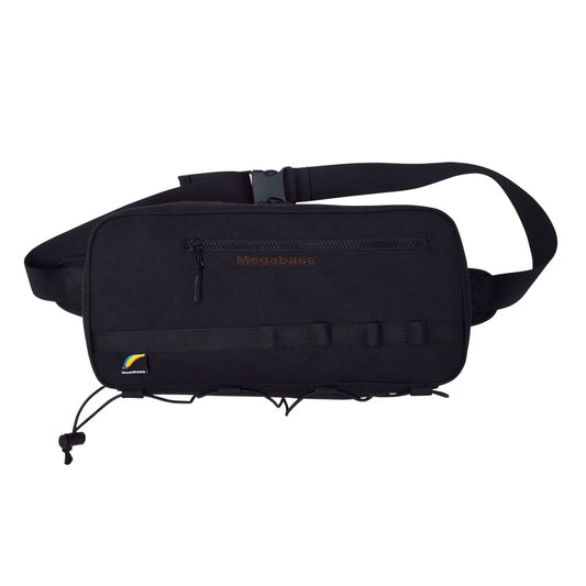 The Megabass Rapid Bag Black (0426234978) by Megabass features a front zipper pocket, brown "Megabass" text, colorful logo patch, adjustable strap, and multiple loops—ideal as a spacious tackle bag for shore fishing.