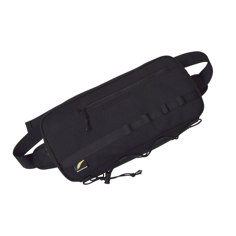 The Megabass Rapid Bag Black (0426234978) is a waist bag with a front zipper pocket, adjustable strap, small multicolor logo, elastic cords, and attachment loops—perfect for added utility on shore fishing trips.