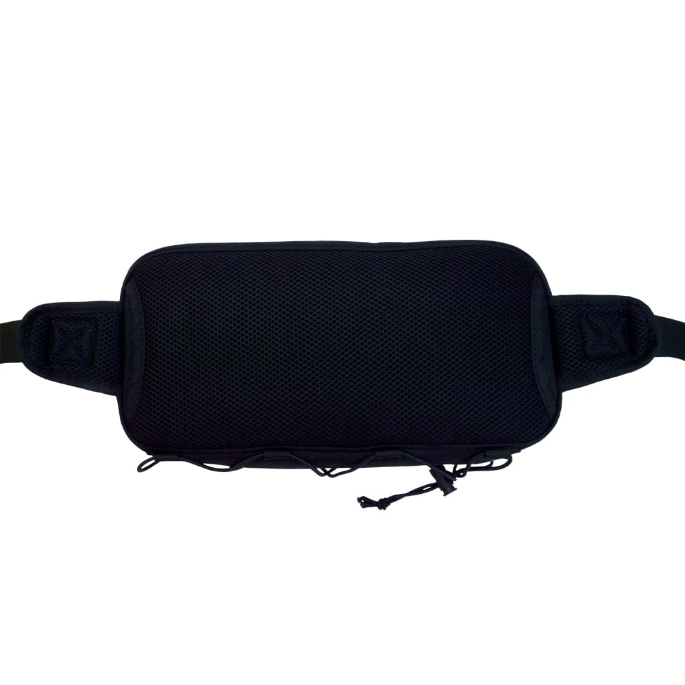 The Megabass Rapid Bag Black (0426234978) by Megabass features a mesh front panel, adjustable side straps, and a bottom zipper with pull cords—perfect for shore fishing or carrying your essentials.