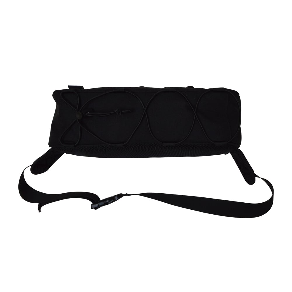 The Megabass Rapid Bag Black | 0426234978 by Megabass is a black rectangular shore fishing bag with an adjustable shoulder strap and front elastic cord, displayed against a white background.