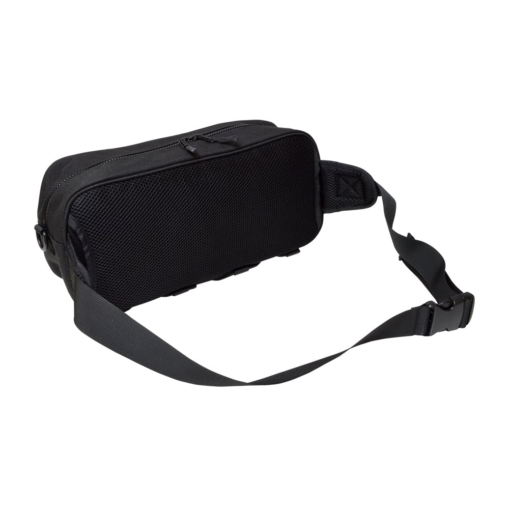 The Megabass Rapid Bag Black | 0426234978 features a zippered main compartment, adjustable shoulder strap, and mesh-textured front panel for large tackle capacity—ideal as a shore fishing bag. Shown on a white background.