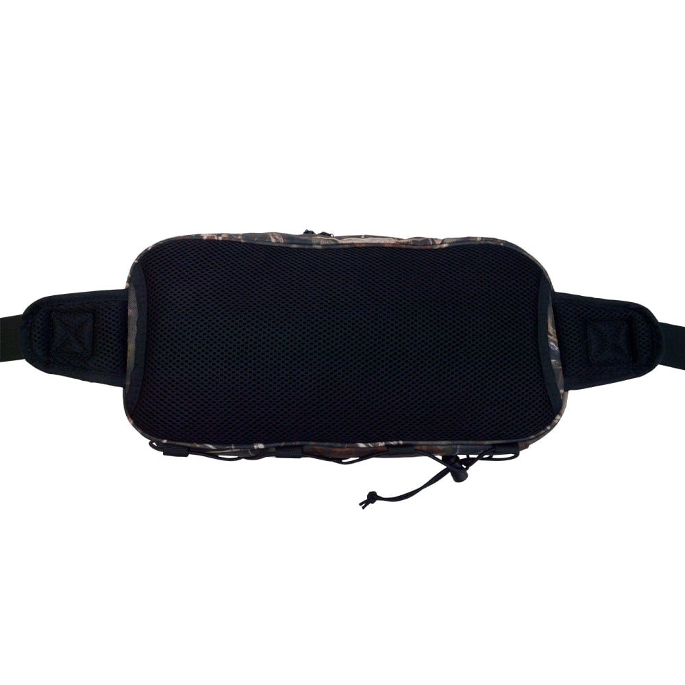 The Megabass Rapid Bag Real Camo (0426234979) is a rectangular black mesh waist pack with camo edges and two adjustable straps, perfect for shore fishing. It offers large storage capacity and features dual bottom zippers with cord pulls for convenience.