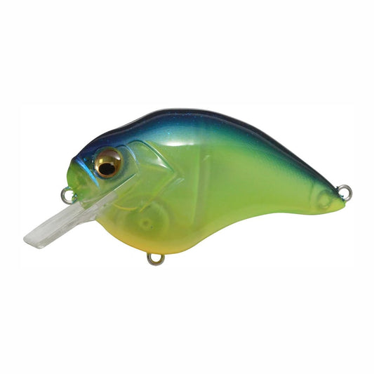 The Megabass S-Crank Squarebill Crankbait features a blue-green gradient body, yellow belly, round eye, and a clear squarebill lip for diving action—a colorful lure shaped like a small fish by Megabass.