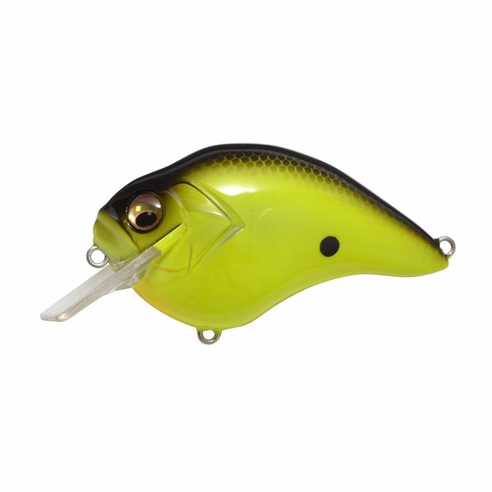 The Megabass S-Crank Squarebill Crankbait features a chartreuse and black fish-like design, large eye, black side spot, and a clear plastic diving lip.